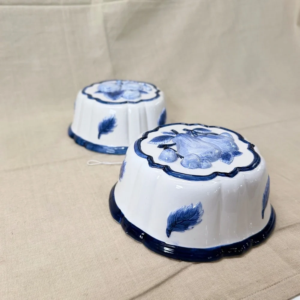 Vintage Blue White Hanging Ceramic Molds Pair Fruit Kitchen Wall Plate Decor